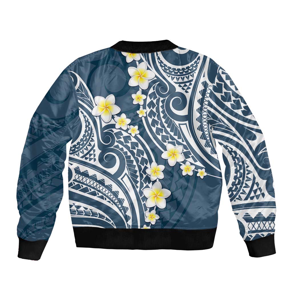 Plumeria With Blue Polynesian Tattoo Pattern Sleeve Zip Bomber Jacket LT05 - Polynesian Pride