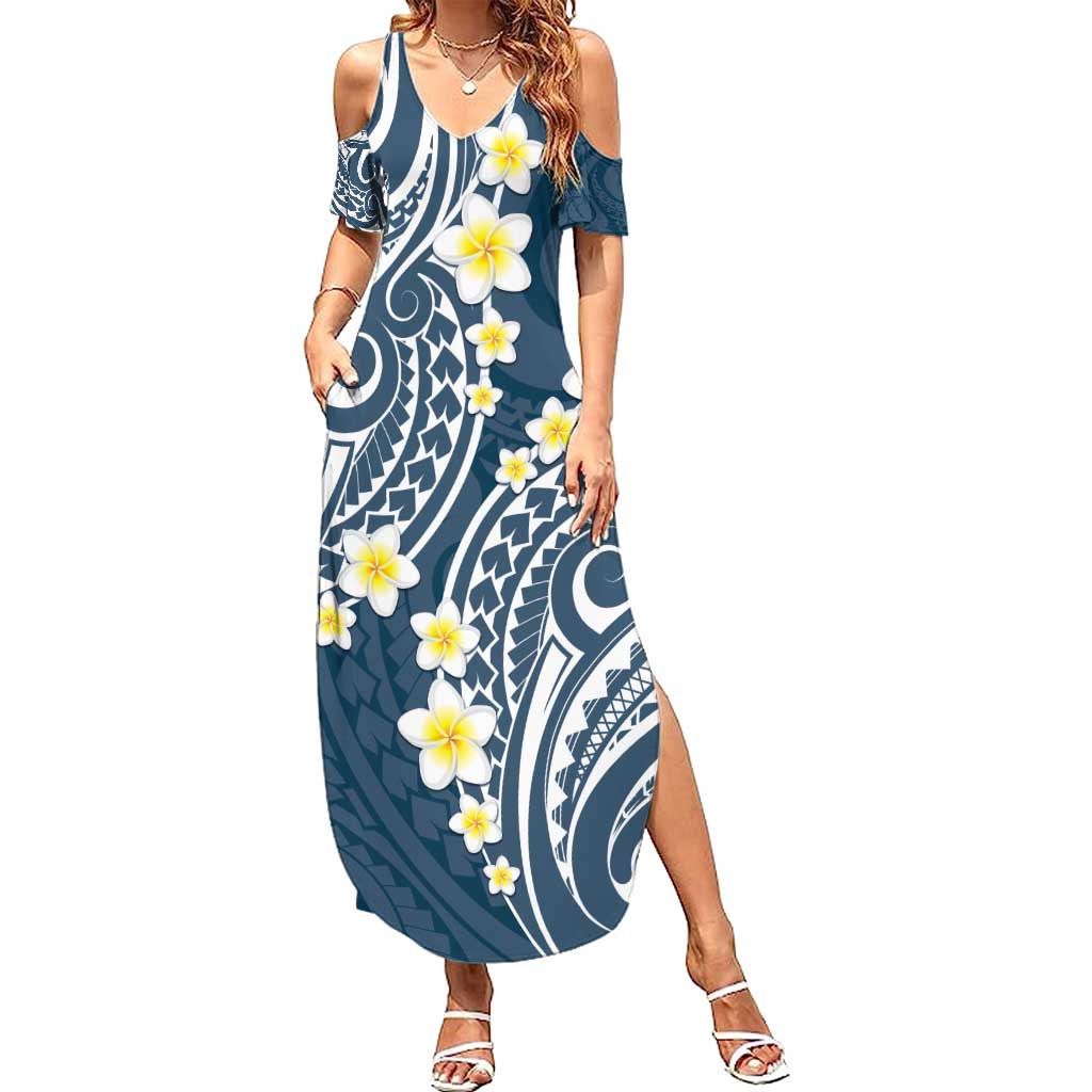 Plumeria With Blue Polynesian Tattoo Pattern Summer Maxi Dress