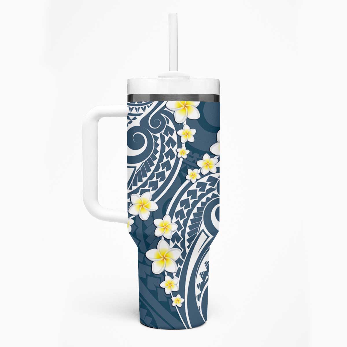 Plumeria With Blue Polynesian Tattoo Pattern Tumbler With Handle