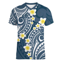 Plumeria With Blue Polynesian Tattoo Pattern Women V-Neck T-Shirt