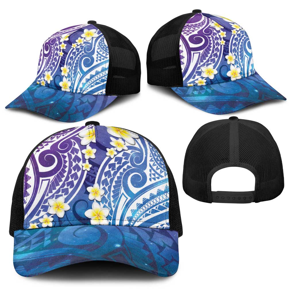 Plumeria With Galaxy Polynesian Tattoo Pattern Baseball Net Cap - Polynesian Pride