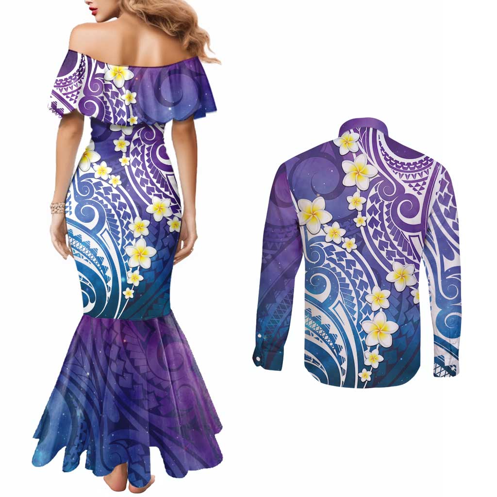 Plumeria With Galaxy Polynesian Tattoo Pattern Couples Matching Mermaid Dress and Long Sleeve Button Shirt