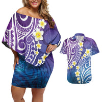 Plumeria With Galaxy Polynesian Tattoo Pattern Couples Matching Off Shoulder Short Dress and Hawaiian Shirt