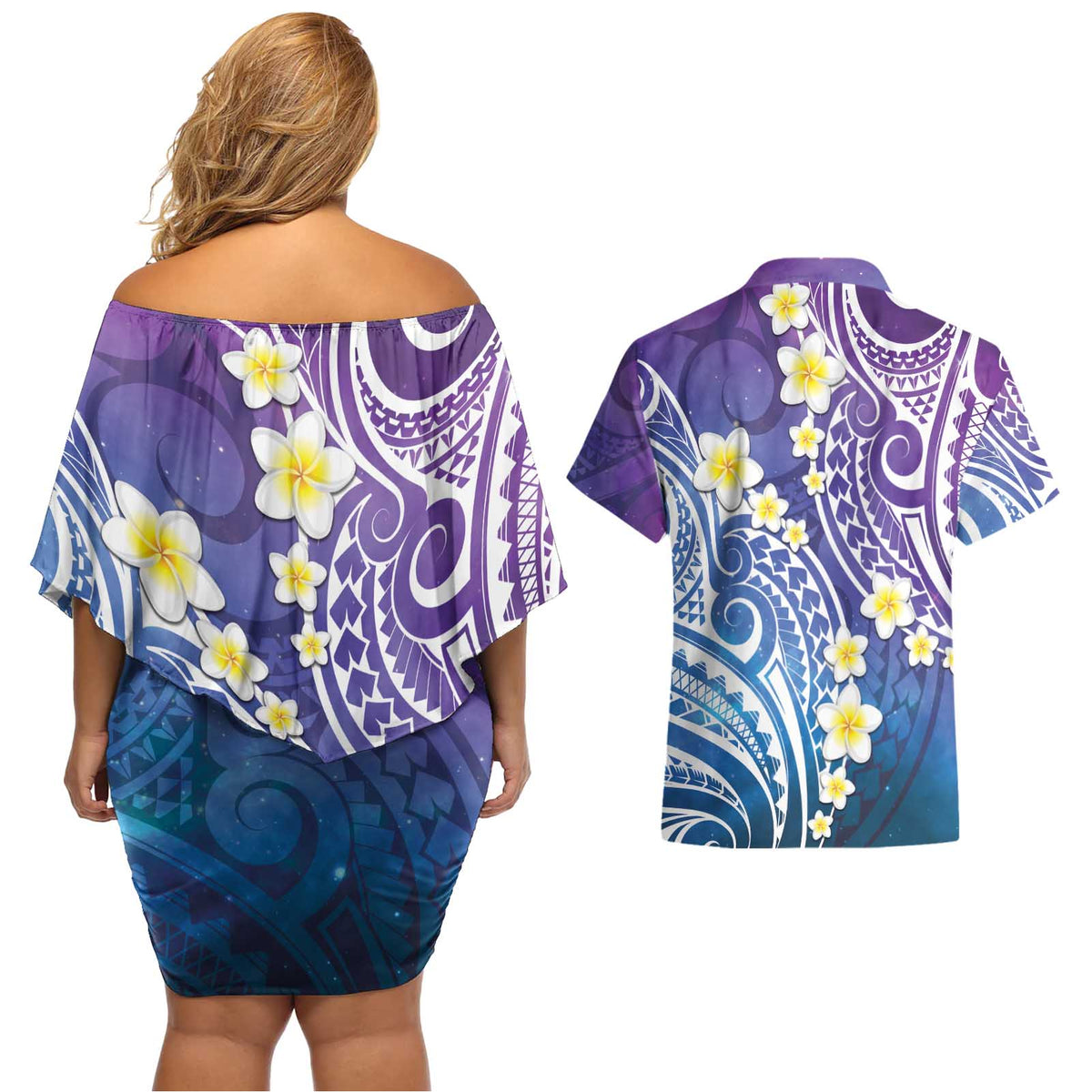 Plumeria With Galaxy Polynesian Tattoo Pattern Couples Matching Off Shoulder Short Dress and Hawaiian Shirt