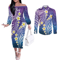 Plumeria With Galaxy Polynesian Tattoo Pattern Couples Matching Off The Shoulder Long Sleeve Dress and Long Sleeve Button Shirt