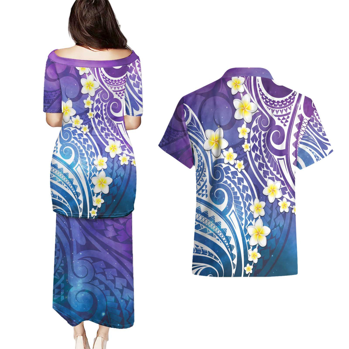Plumeria With Galaxy Polynesian Tattoo Pattern Couples Matching Puletasi and Hawaiian Shirt