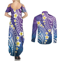 Plumeria With Galaxy Polynesian Tattoo Pattern Couples Matching Summer Maxi Dress and Long Sleeve Button Shirt