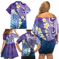 Plumeria With Galaxy Polynesian Tattoo Pattern Family Matching Off Shoulder Short Dress and Hawaiian Shirt