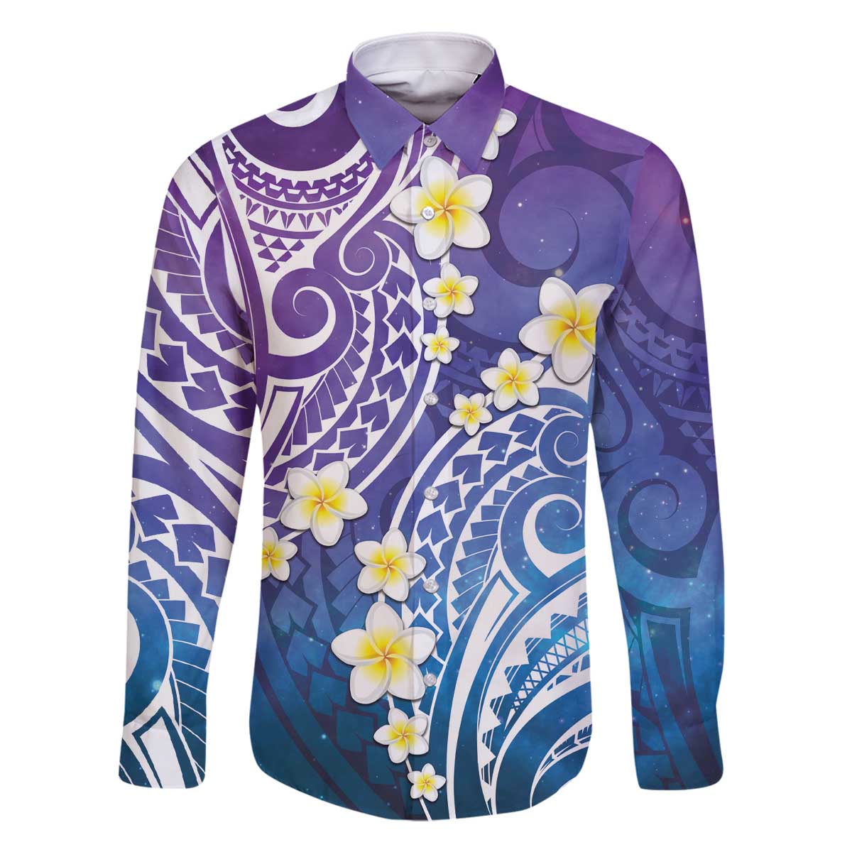 Plumeria With Galaxy Polynesian Tattoo Pattern Family Matching Off Shoulder Short Dress and Hawaiian Shirt