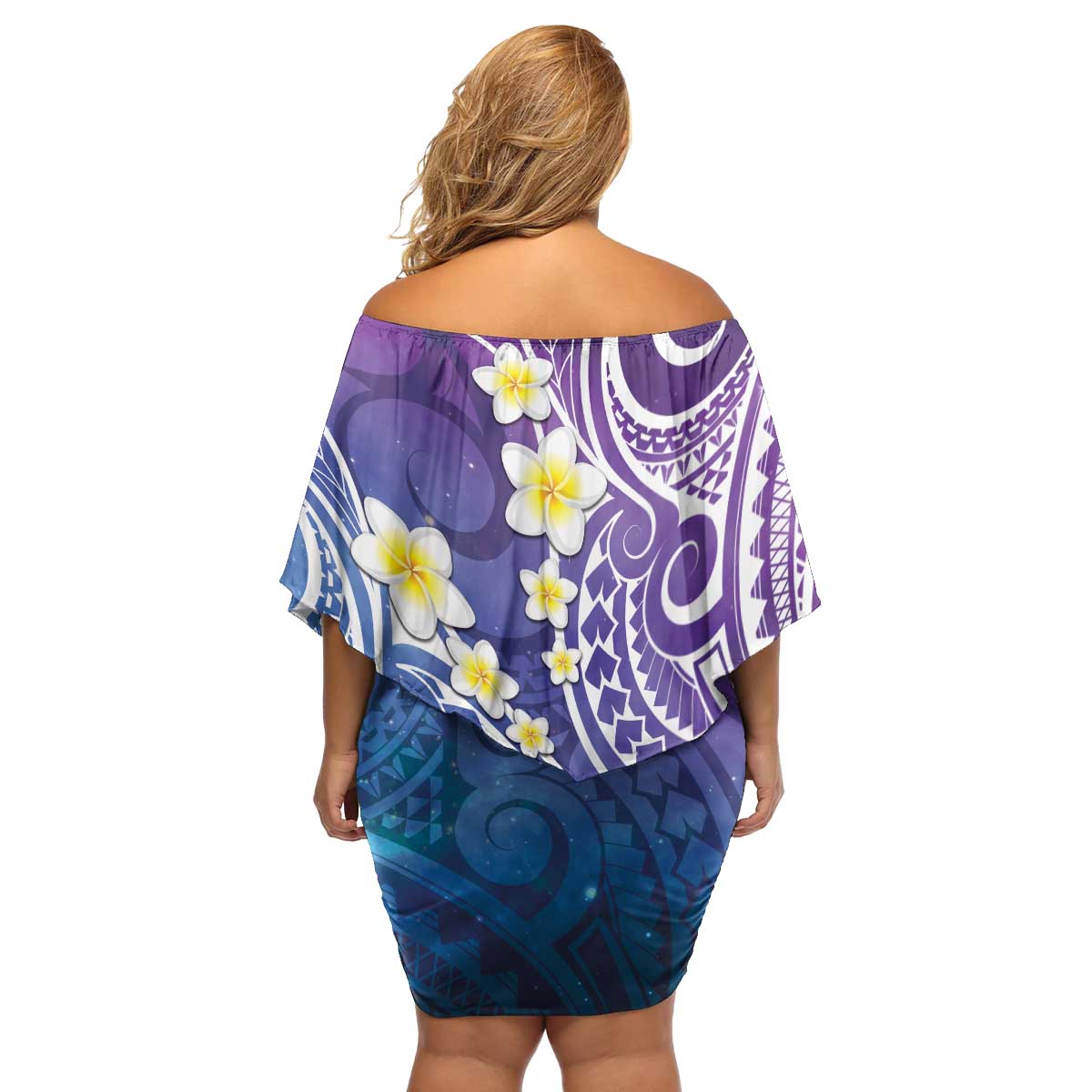 Plumeria With Galaxy Polynesian Tattoo Pattern Family Matching Off Shoulder Short Dress and Hawaiian Shirt