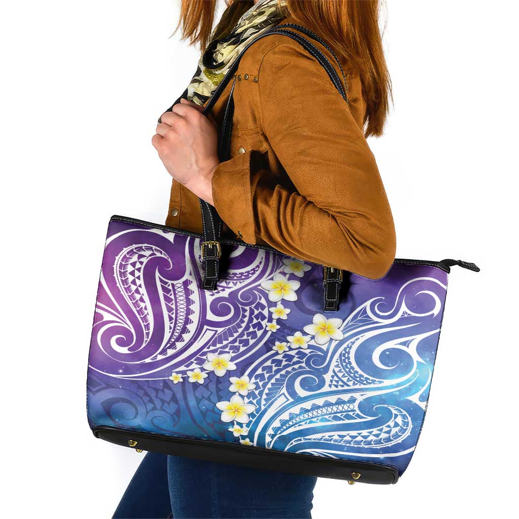 Plumeria With Galaxy Polynesian Tattoo Pattern Leather Tote Bag