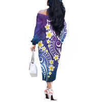 Plumeria With Galaxy Polynesian Tattoo Pattern Off The Shoulder Long Sleeve Dress
