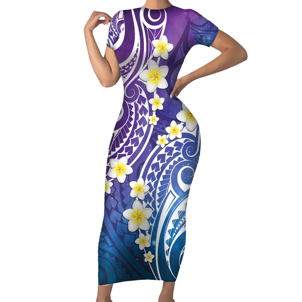 Plumeria With Galaxy Polynesian Tattoo Pattern Short Sleeve Bodycon Dress LT05 Long Dress Galaxy - Polynesian Pride