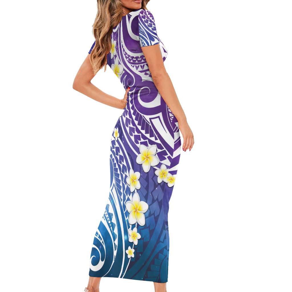 Plumeria With Galaxy Polynesian Tattoo Pattern Short Sleeve Bodycon Dress LT05 - Polynesian Pride