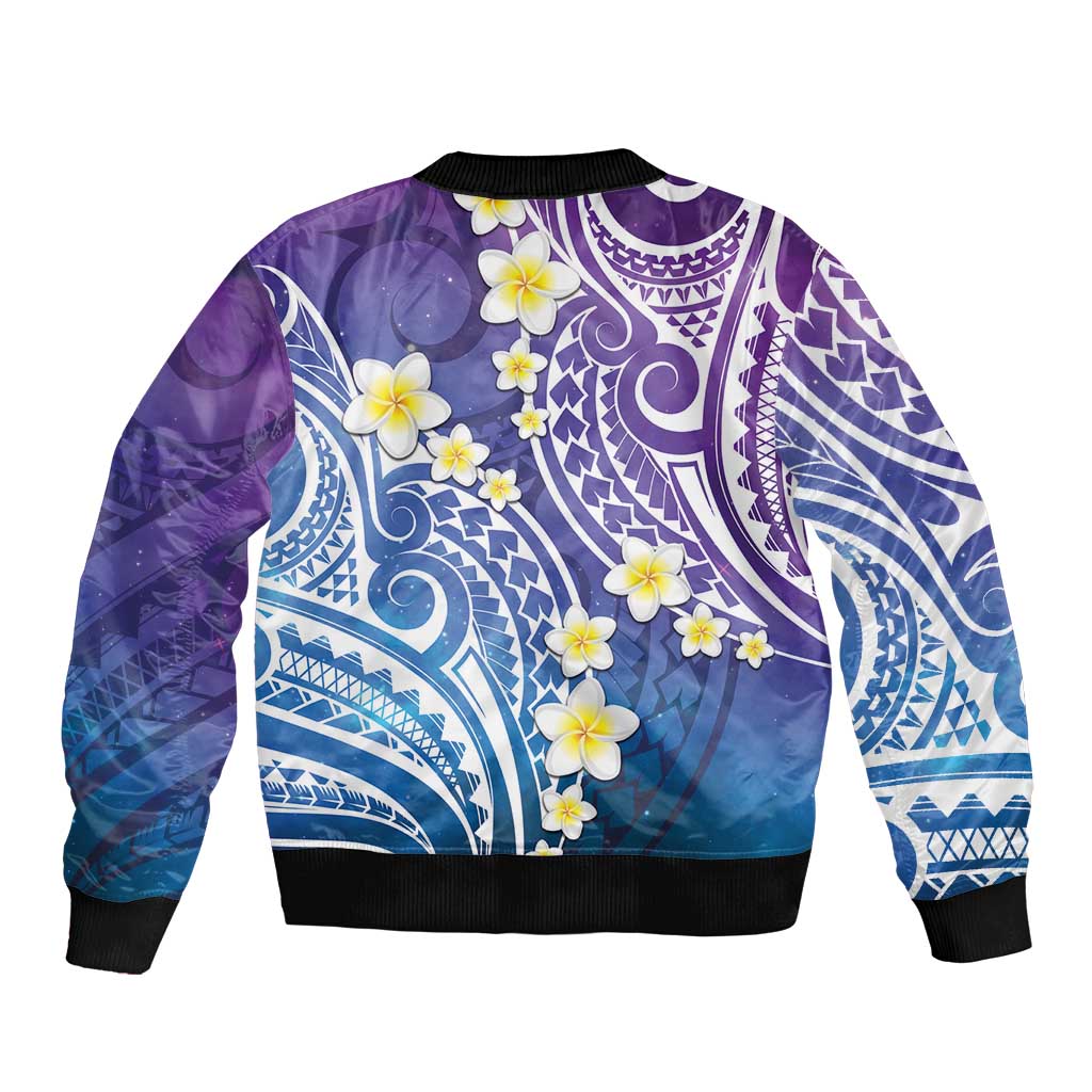 Plumeria With Galaxy Polynesian Tattoo Pattern Sleeve Zip Bomber Jacket LT05 - Polynesian Pride