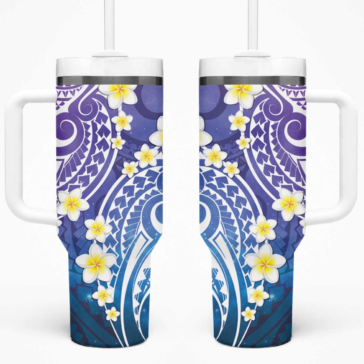 Plumeria With Galaxy Gradient Polynesian Tattoo Pattern Tumbler With Handle