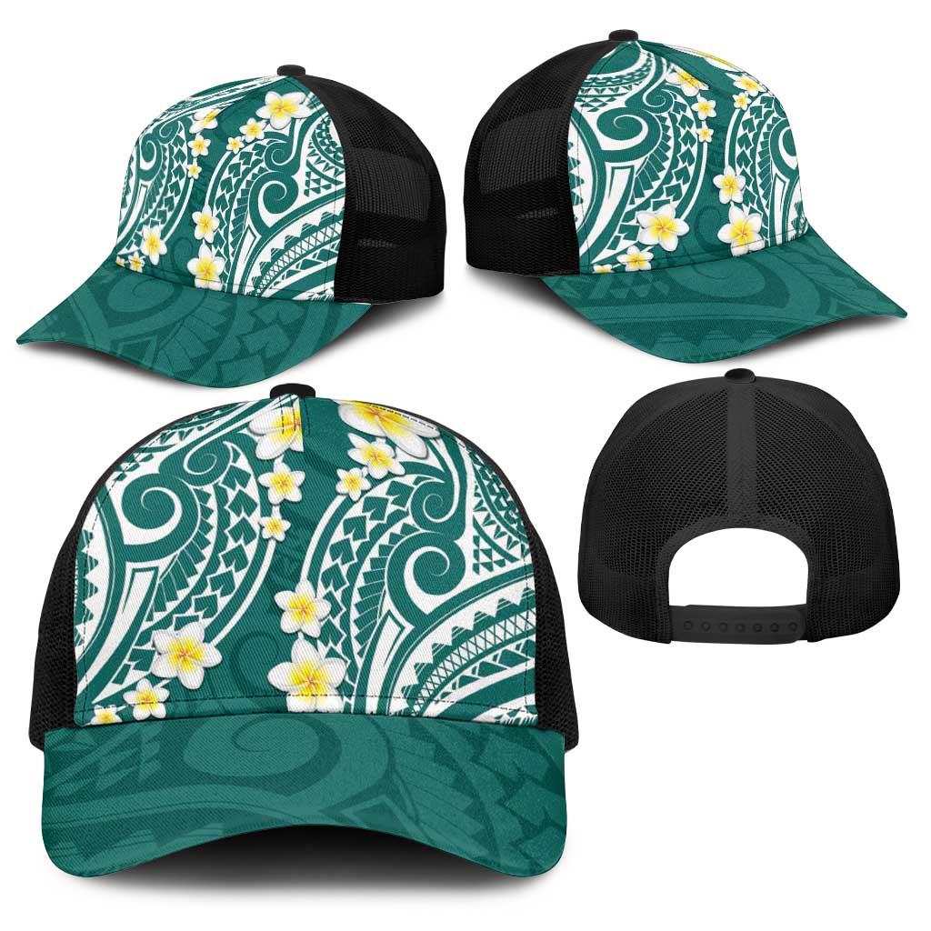 Plumeria With Teal Polynesian Tattoo Pattern Baseball Net Cap - Polynesian Pride