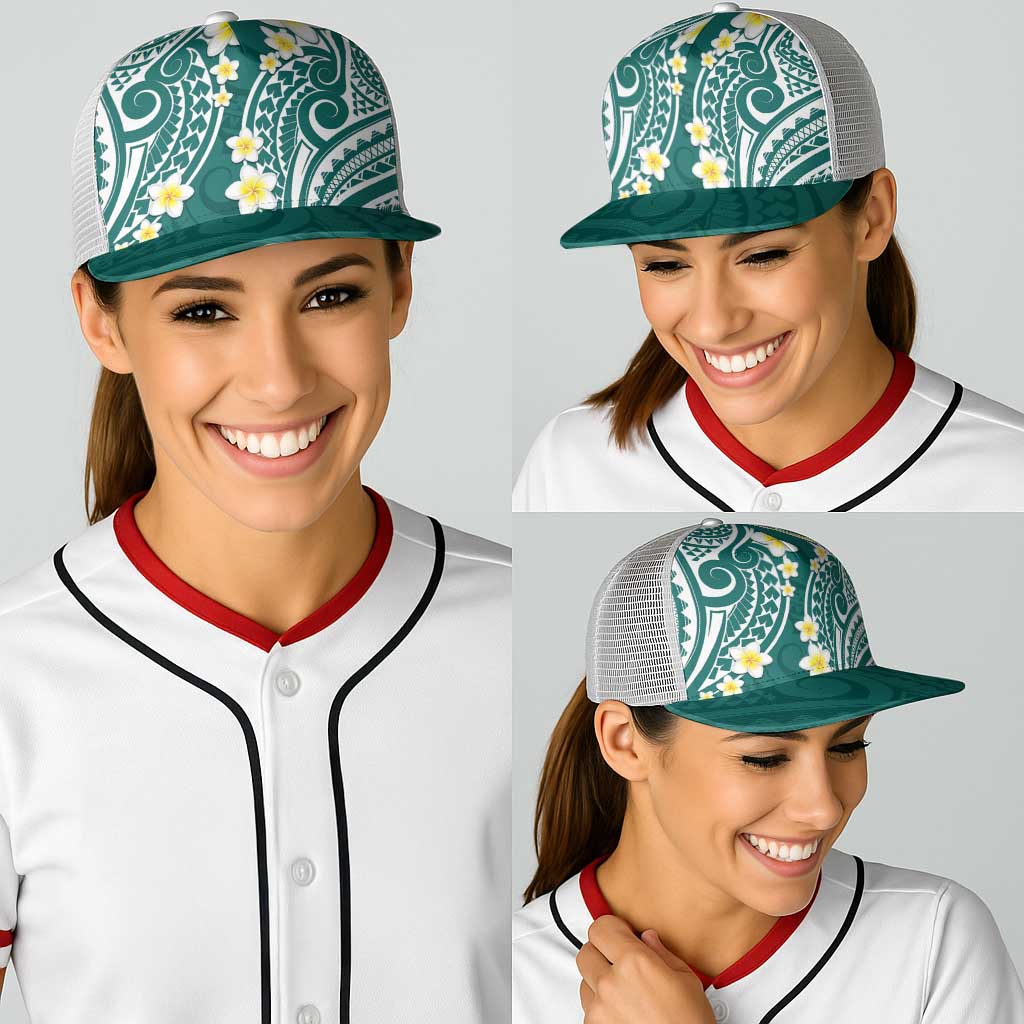 Plumeria With Teal Polynesian Tattoo Pattern Baseball Net Cap - Polynesian Pride