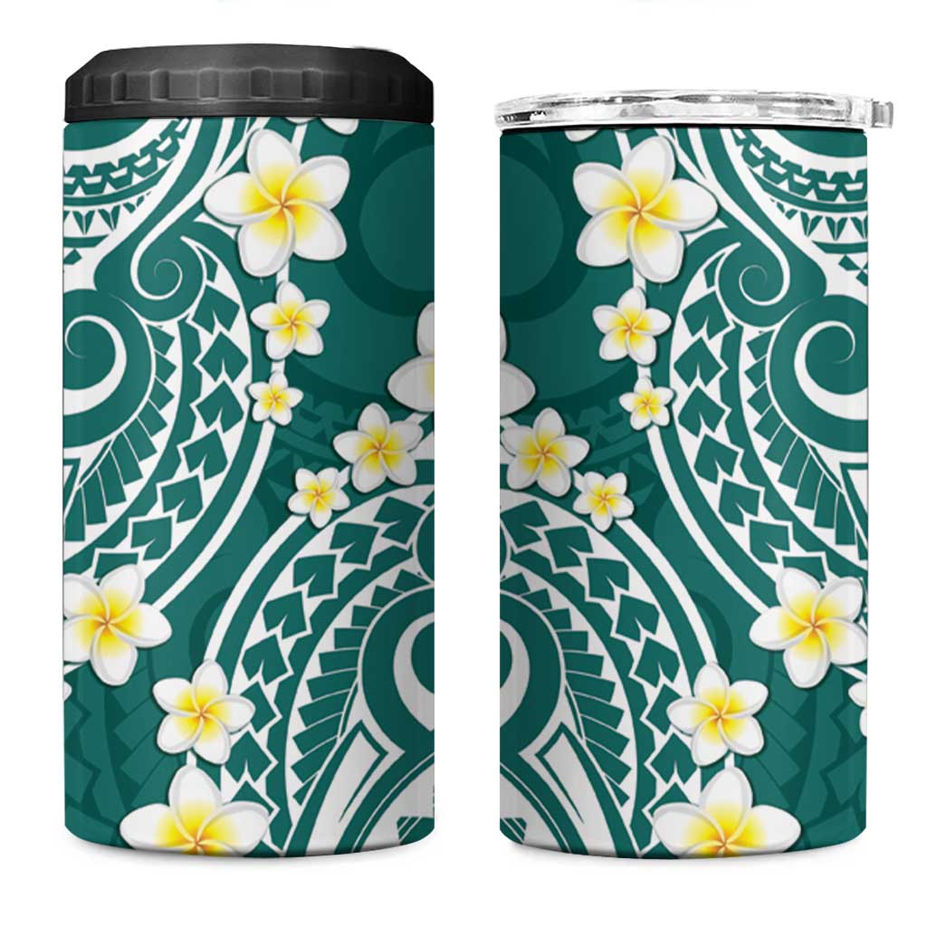 Plumeria With Teal Polynesian Tattoo Pattern 4 in 1 Can Cooler Tumbler