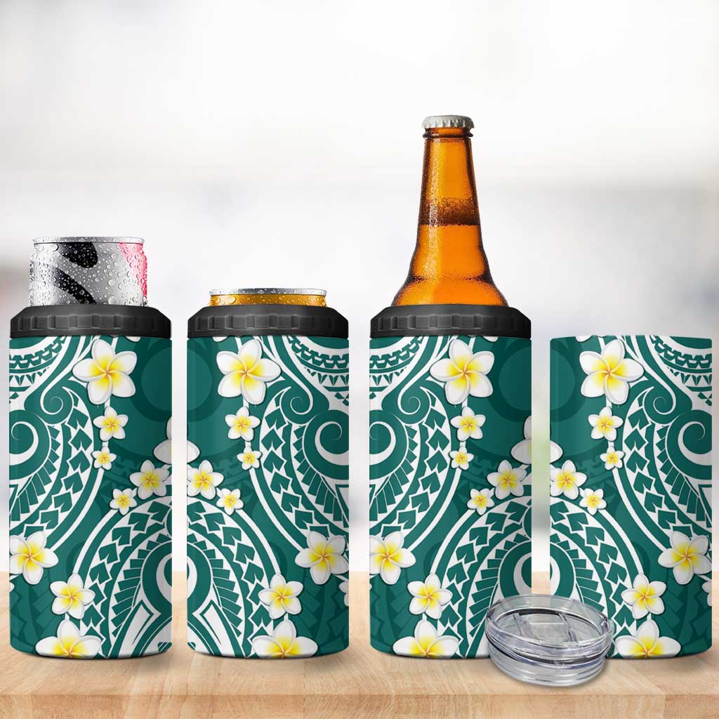 Plumeria With Teal Polynesian Tattoo Pattern 4 in 1 Can Cooler Tumbler