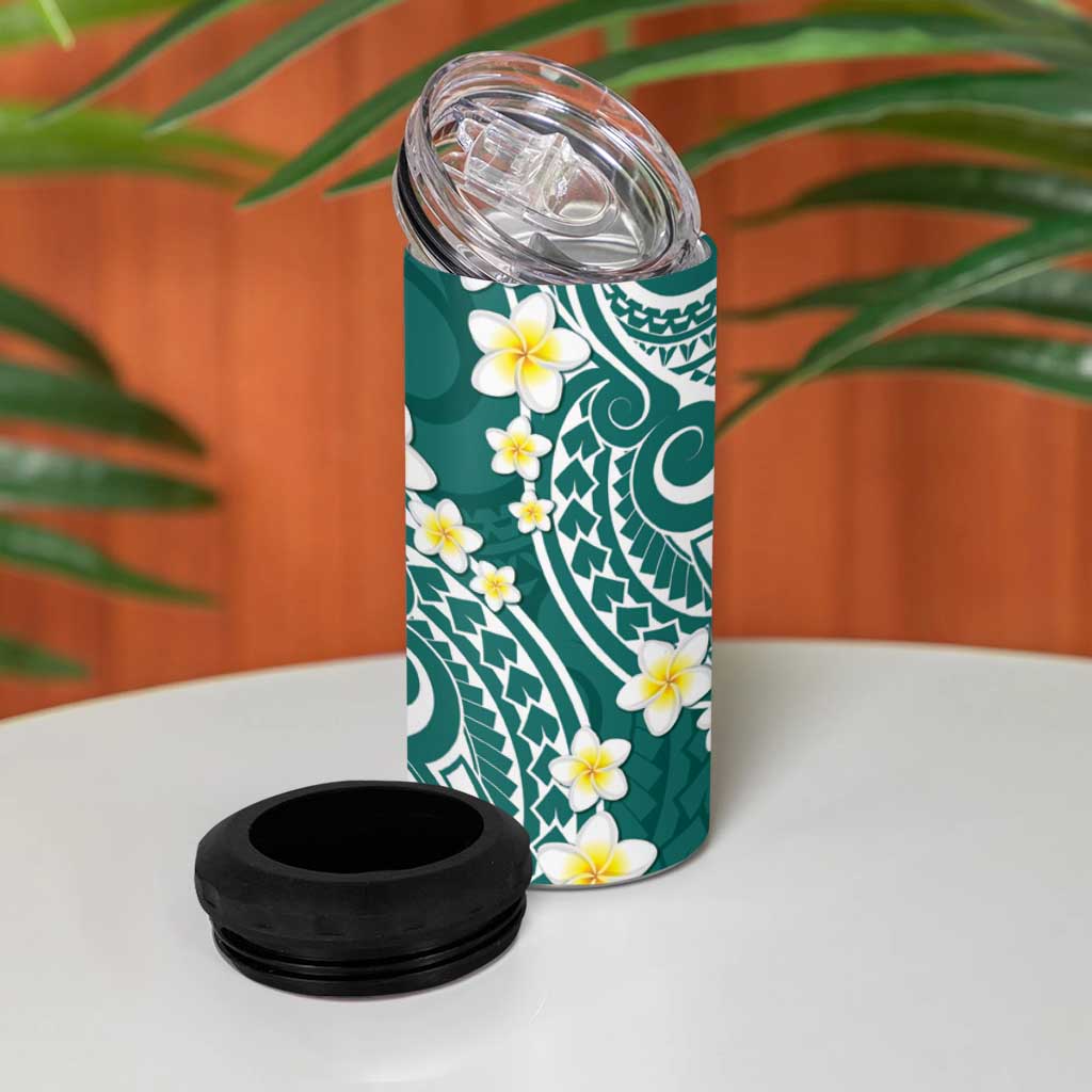 Plumeria With Teal Polynesian Tattoo Pattern 4 in 1 Can Cooler Tumbler