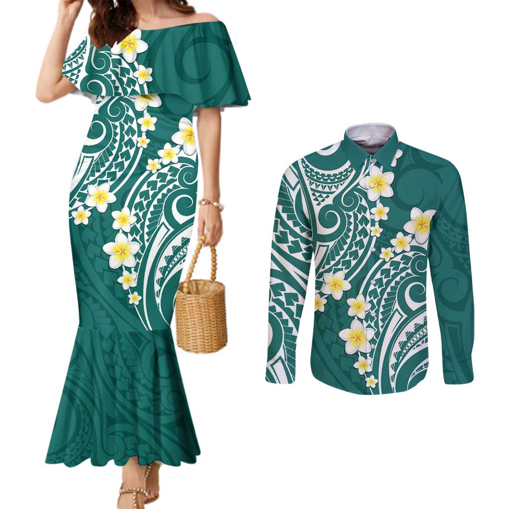 Plumeria With Teal Polynesian Tattoo Pattern Couples Matching Mermaid Dress and Long Sleeve Button Shirt