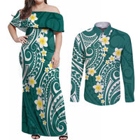 Plumeria With Teal Polynesian Tattoo Pattern Couples Matching Off Shoulder Maxi Dress and Long Sleeve Button Shirt