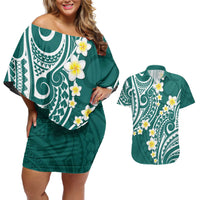 Plumeria With Teal Polynesian Tattoo Pattern Couples Matching Off Shoulder Short Dress and Hawaiian Shirt