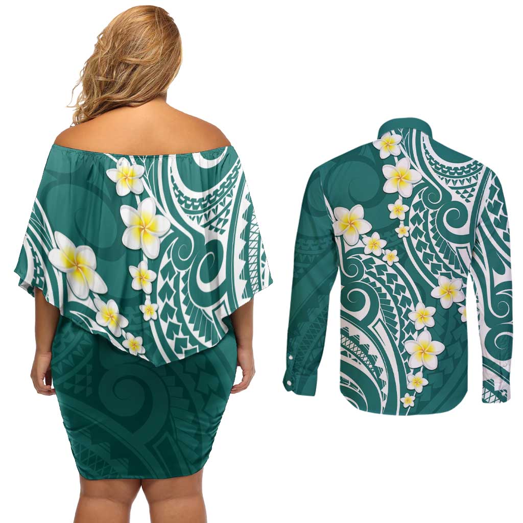 Plumeria With Teal Polynesian Tattoo Pattern Couples Matching Off Shoulder Short Dress and Long Sleeve Button Shirt