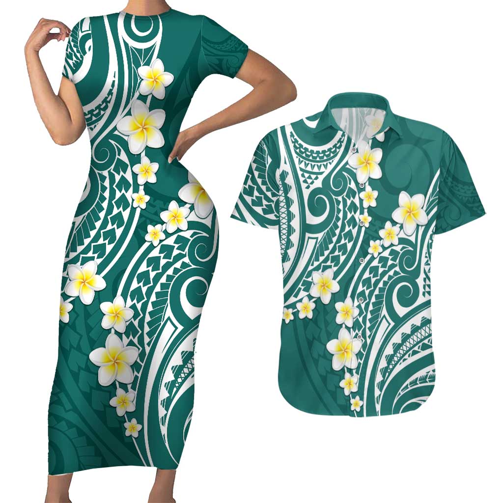 Plumeria With Teal Polynesian Tattoo Pattern Couples Matching Short Sleeve Bodycon Dress and Hawaiian Shirt