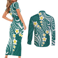Plumeria With Teal Polynesian Tattoo Pattern Couples Matching Short Sleeve Bodycon Dress and Long Sleeve Button Shirt