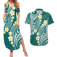 Plumeria With Teal Polynesian Tattoo Pattern Couples Matching Summer Maxi Dress and Hawaiian Shirt