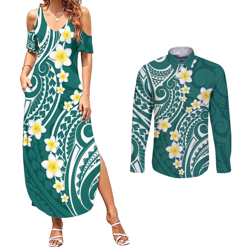 Plumeria With Teal Polynesian Tattoo Pattern Couples Matching Summer Maxi Dress and Long Sleeve Button Shirt