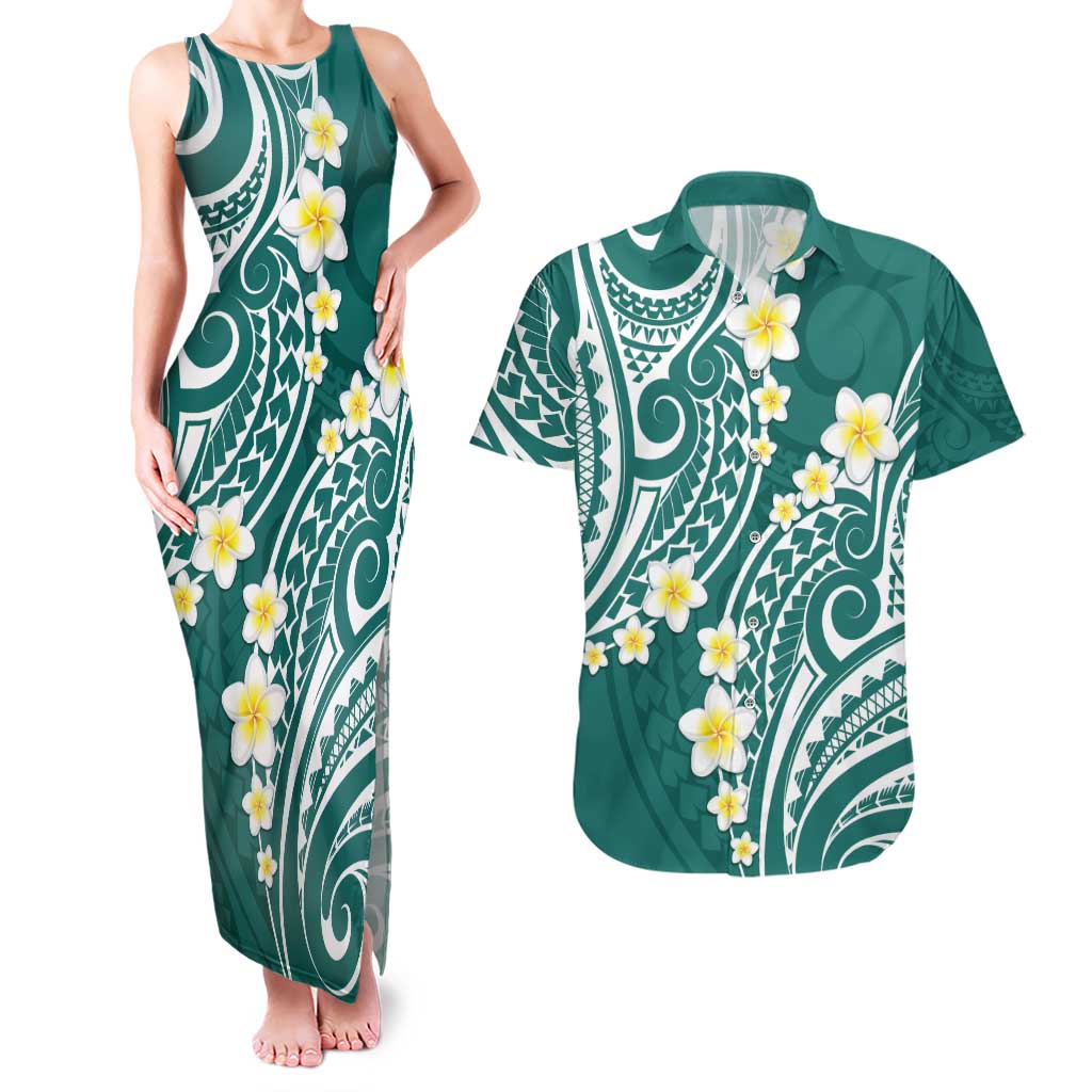 Plumeria With Teal Polynesian Tattoo Pattern Couples Matching Tank Maxi Dress and Hawaiian Shirt