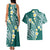 Plumeria With Teal Polynesian Tattoo Pattern Couples Matching Tank Maxi Dress and Hawaiian Shirt