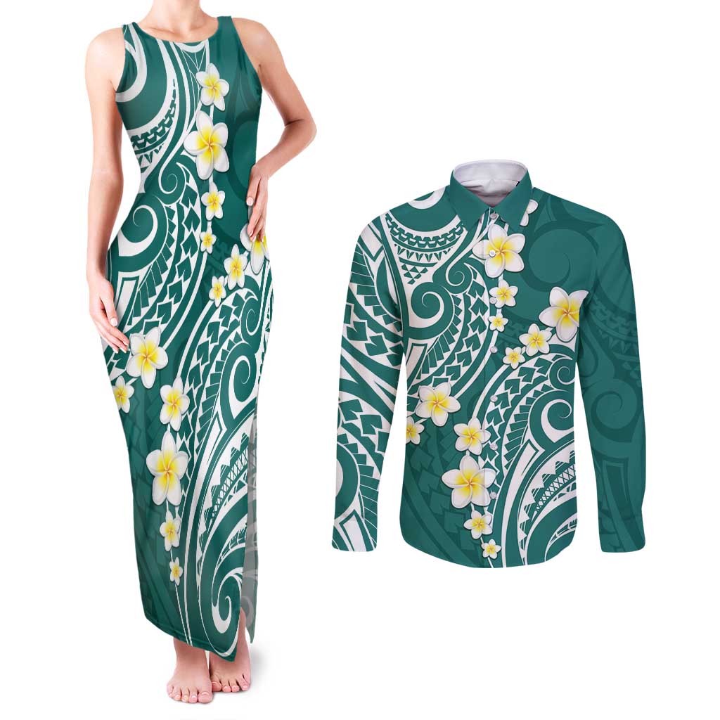 Plumeria With Teal Polynesian Tattoo Pattern Couples Matching Tank Maxi Dress and Long Sleeve Button Shirt