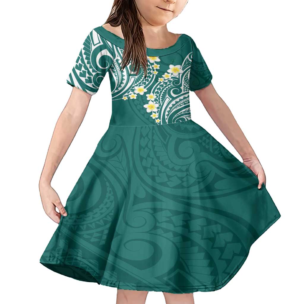 Plumeria With Teal Polynesian Tattoo Pattern Family Matching Long Sleeve Bodycon Dress and Hawaiian Shirt LT05 Daughter's Dress Teal - Polynesian Pride