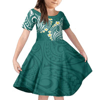 Plumeria With Teal Polynesian Tattoo Pattern Family Matching Long Sleeve Bodycon Dress and Hawaiian Shirt LT05 Daughter's Dress Teal - Polynesian Pride