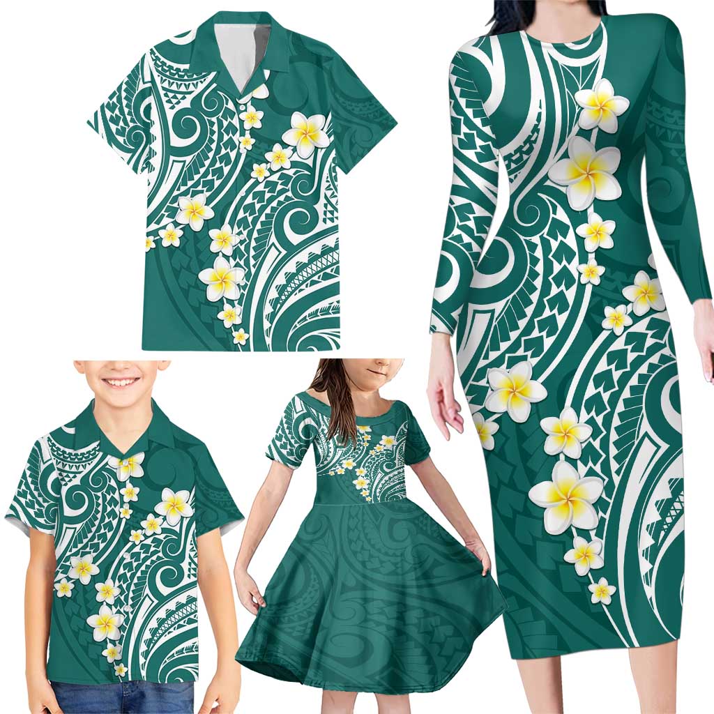 Plumeria With Teal Polynesian Tattoo Pattern Family Matching Long Sleeve Bodycon Dress and Hawaiian Shirt LT05 - Polynesian Pride