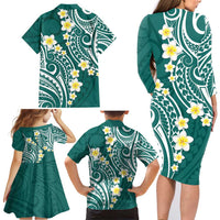 Plumeria With Teal Polynesian Tattoo Pattern Family Matching Long Sleeve Bodycon Dress and Hawaiian Shirt LT05 - Polynesian Pride