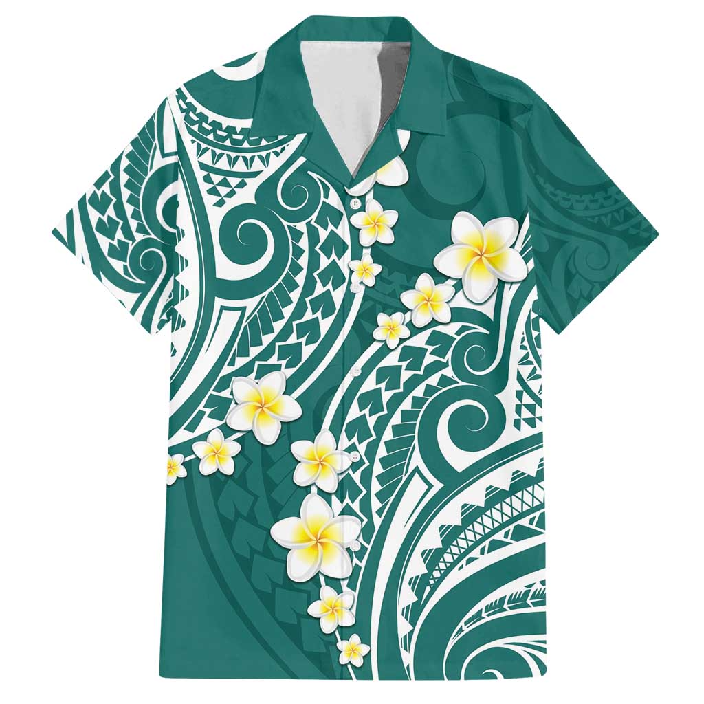 Plumeria With Teal Polynesian Tattoo Pattern Family Matching Long Sleeve Bodycon Dress and Hawaiian Shirt LT05 Dad's Shirt - Short Sleeve Teal - Polynesian Pride