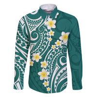 Plumeria With Teal Polynesian Tattoo Pattern Family Matching Long Sleeve Bodycon Dress and Hawaiian Shirt LT05 Dad's Shirt - Long Sleeve Teal - Polynesian Pride