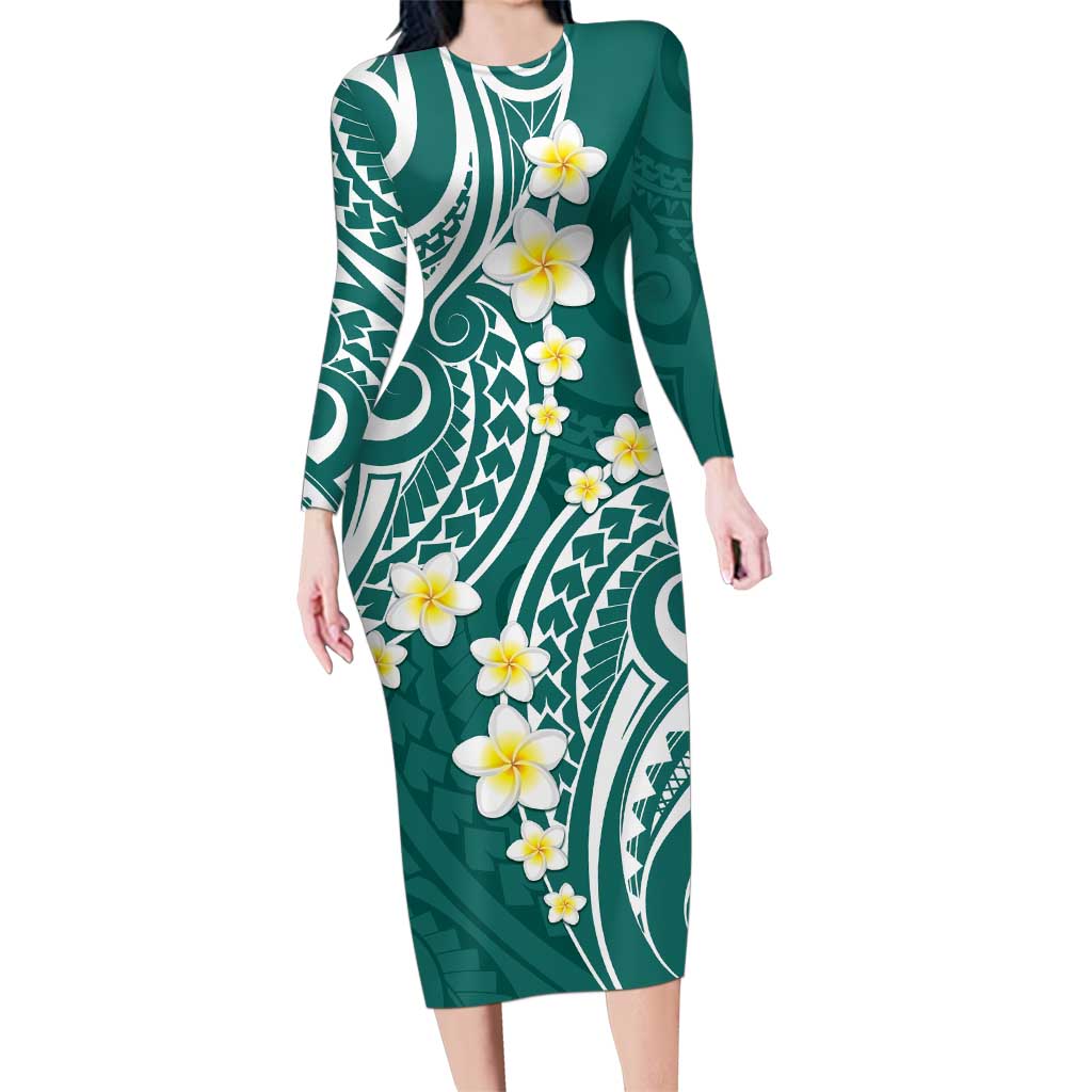 Plumeria With Teal Polynesian Tattoo Pattern Family Matching Long Sleeve Bodycon Dress and Hawaiian Shirt LT05 Mom's Dress Teal - Polynesian Pride