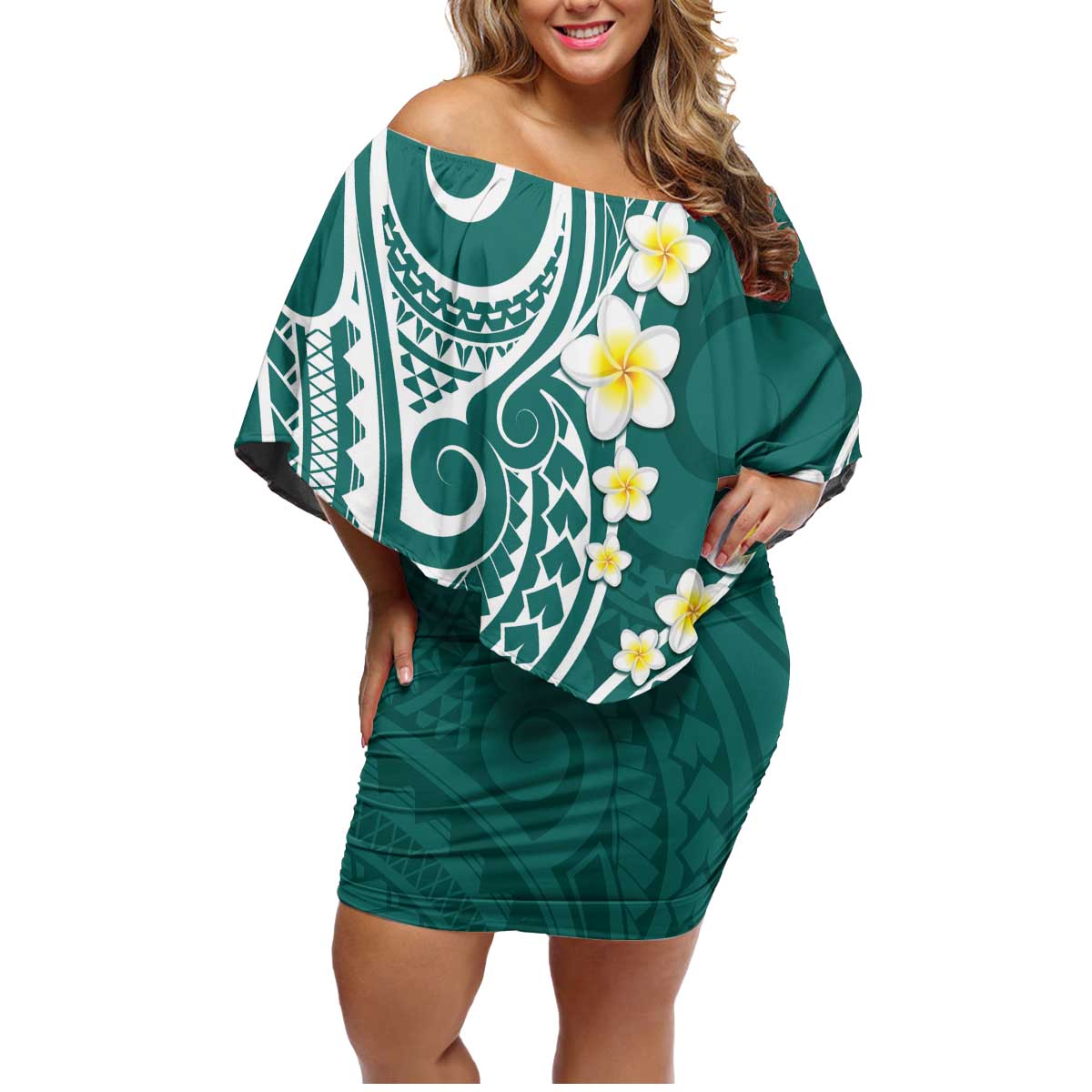 Plumeria With Teal Polynesian Tattoo Pattern Family Matching Off Shoulder Short Dress and Hawaiian Shirt