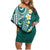 Plumeria With Teal Polynesian Tattoo Pattern Family Matching Off Shoulder Short Dress and Hawaiian Shirt