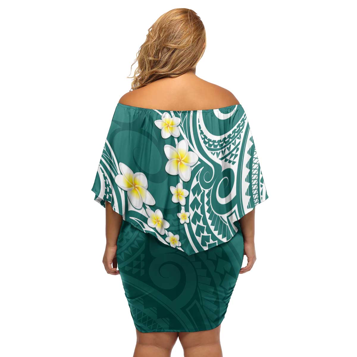 Plumeria With Teal Polynesian Tattoo Pattern Family Matching Off Shoulder Short Dress and Hawaiian Shirt