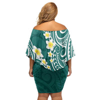 Plumeria With Teal Polynesian Tattoo Pattern Family Matching Off Shoulder Short Dress and Hawaiian Shirt