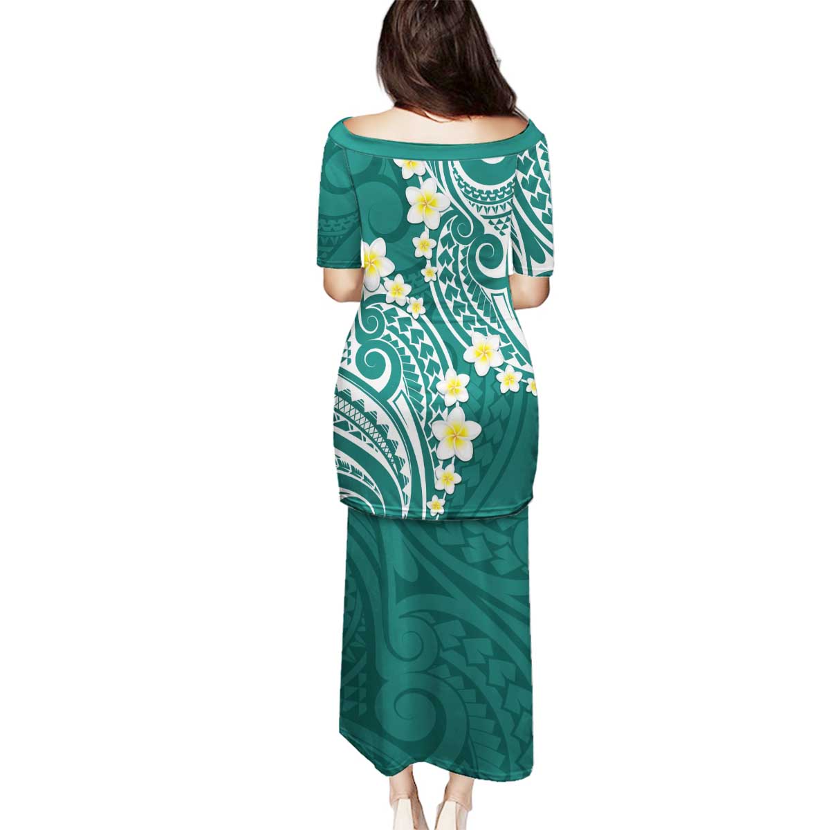 Plumeria With Teal Polynesian Tattoo Pattern Family Matching Puletasi and Hawaiian Shirt