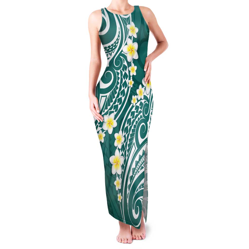 Plumeria With Teal Polynesian Tattoo Pattern Family Matching Tank Maxi Dress and Hawaiian Shirt
