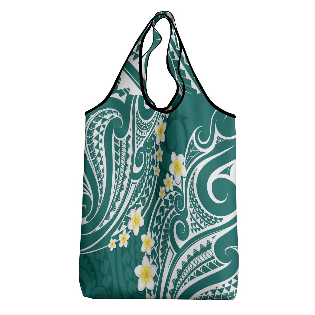 Plumeria With Teal Polynesian Tattoo Pattern Grocery Bag